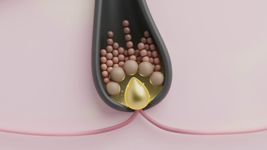 Hair serum targeting dermal papilla sending signals to hair matrix cells for increased division and strong hair regrowth 3D animation