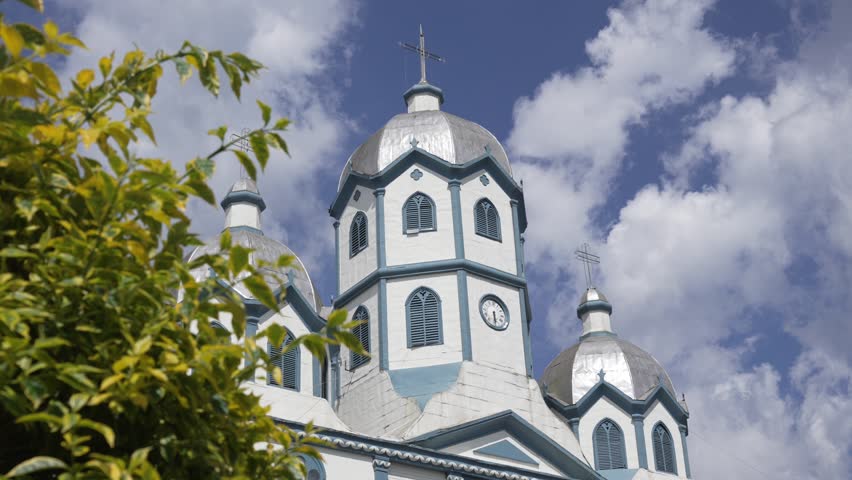 Leaves frame silver-domed church towers in Filandia as the camera reveals, Close up