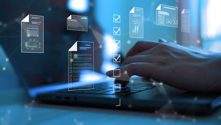 Futuristic digital document management concept showing a hand working on a laptop with virtual electronic files and checklists. Ideal for illustrating modern data processing, paperless workflow, - Powered by Shutterstock - Get 15% off with code: PIKWIZARD15