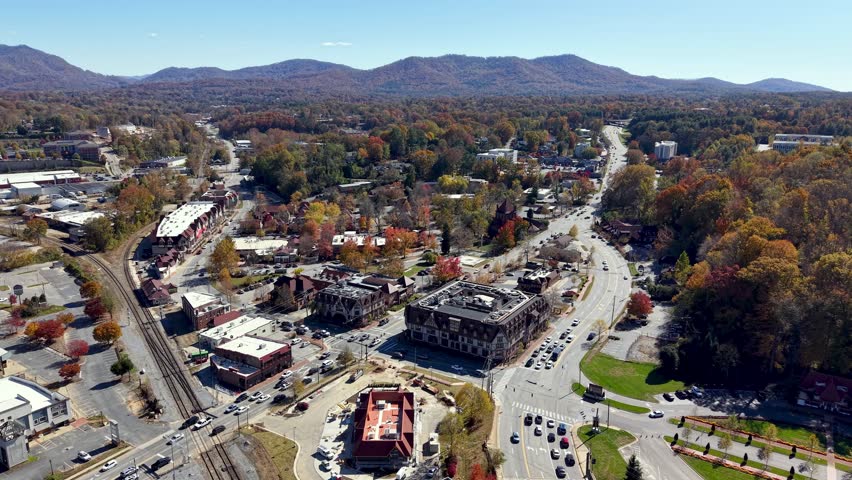 Biltmore Village aerial in asheville nc, north carolina one year after hurricane helene