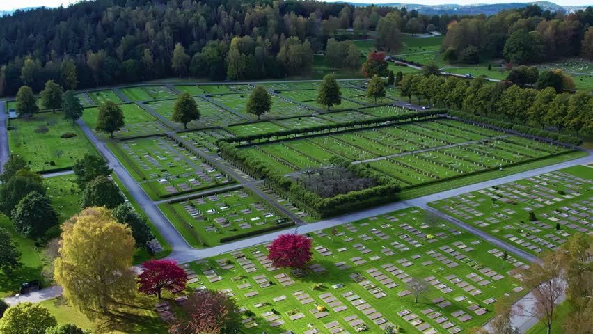 Aerial of Kviberg Cemetery in Gothenburg, Sweden, showing burial grounds of World War II and commonwealth war veterans.