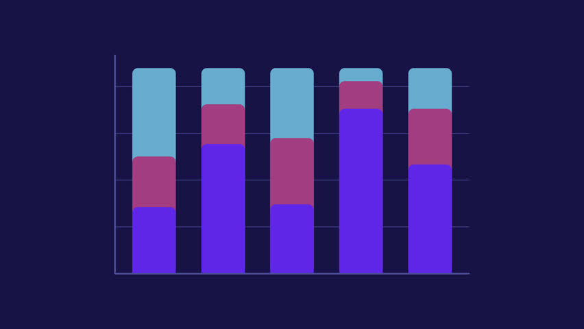 Stacked column chart dark infographic element animation. Efficiency diagram for market research. Animated chart graph. Dynamic data visualization on black background. HD video, motion graphics