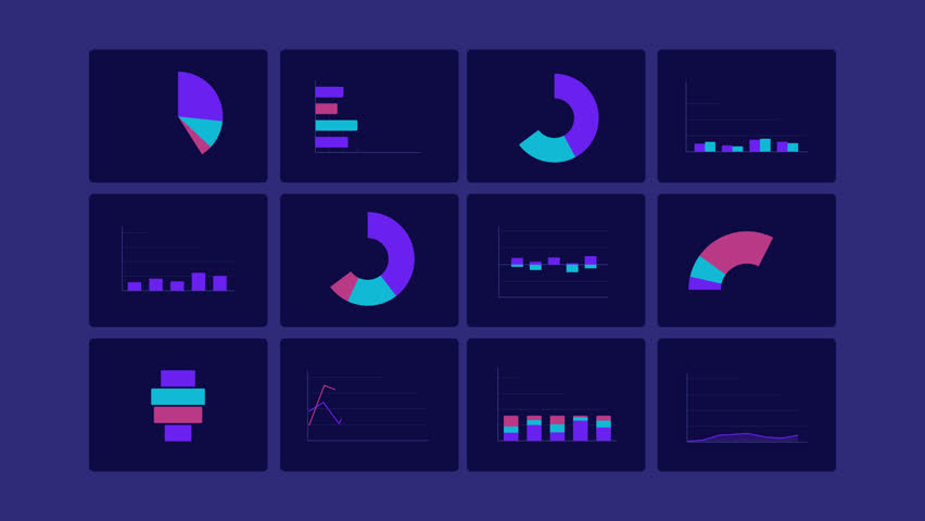 Business kpi diagrams graph ux dashboard animation dark set. Data structuring framework. Productivity monitoring. Animated pitch deck presentation. Diagram report HD video collection