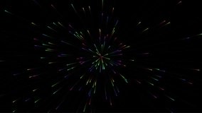 Seamless loop animation of colorful abstract light streaks and particles radiating from a central point, simulating a hyperspace jump or energy explosion on a black background. - Powered by Shutterstock - Get 15% off with code: PIKWIZARD15
