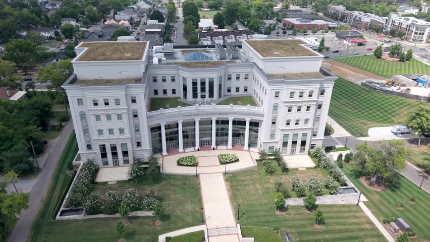 Aerial Parallax Shot Of Thomas F. Frist, Jr. College of Medicine Building At Belmont University In Nashville, USA.