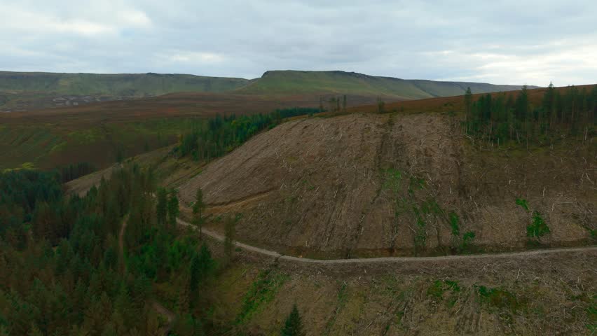 Deforestation covering mountain landscape leaving barren land. Forest clearing destroying woodland creating desolate scenery. Tree cutting exposing hillside causing environmental damage