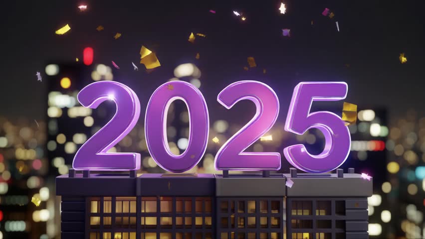 Funny and festive 3D animation of the New Year 2026 transition. The number 6 walks in and stomps on the number 5 to form 2026, with colorful confetti and sparkling lights in the background. Bright gol