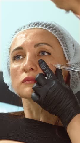 Middle years woman receiving cosmetic injection in cheek area for skin rejuvenation, vertical orientation. Female patient undergoing anti-aging treatment with dermal filler at aesthetic clinic. Mature