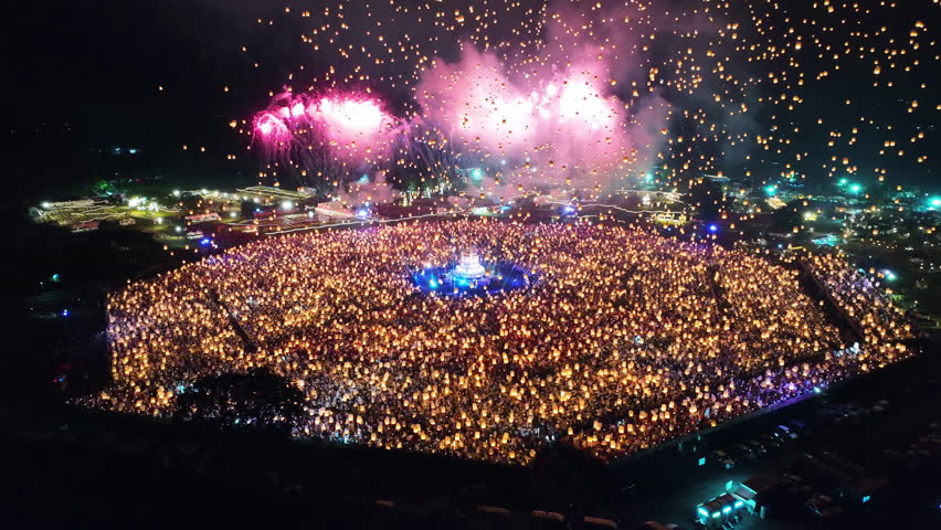 Aerial view of Sky lantern festival in Chiang Mai, Thailand