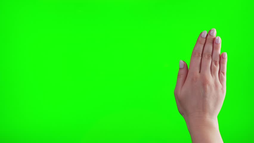 Hand swiping and moving on a green screen chroma key background. Various finger gestures and signs.