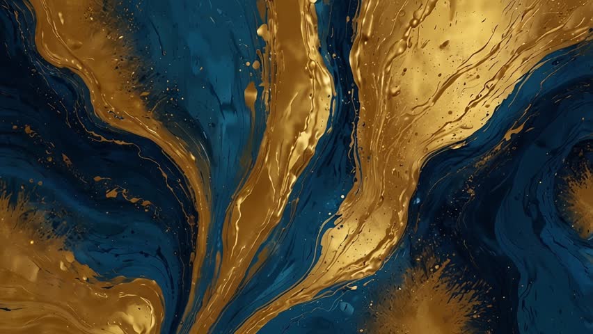 A dynamic artistic abstraction featuring a fluid blend of navy teal and metallic gold. The composition is dominated by undulating flows that resemble liquid marble or flowing acrylic paint.