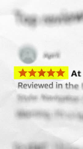 Dynamic animated video featuring match cut transitions between various 5-star product reviews. Stylized layout with motion graphics emphasizes customer satisfaction and high ratings.