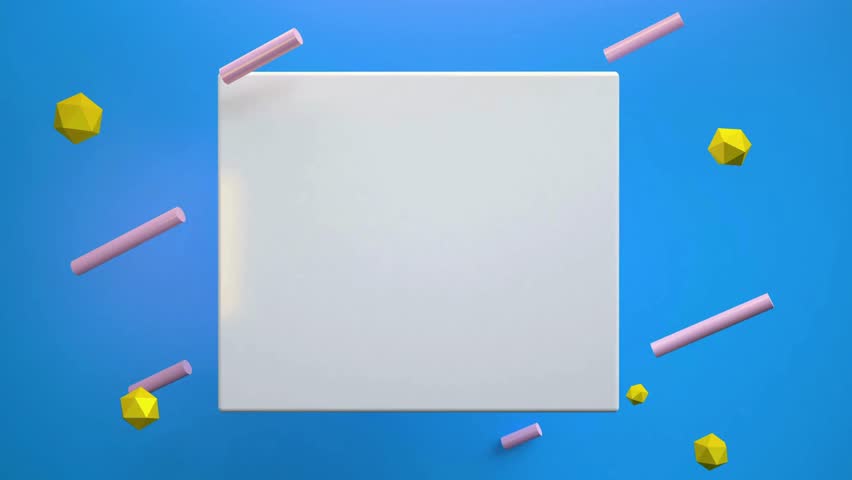 Abstract 3D animation of geometric shapes floating around a blank white frame. Pink cylinders and yellow polyhedrons rotate on a blue background. Seamless loop. - Powered by Shutterstock - Get 15% off with code: PIKWIZARD15