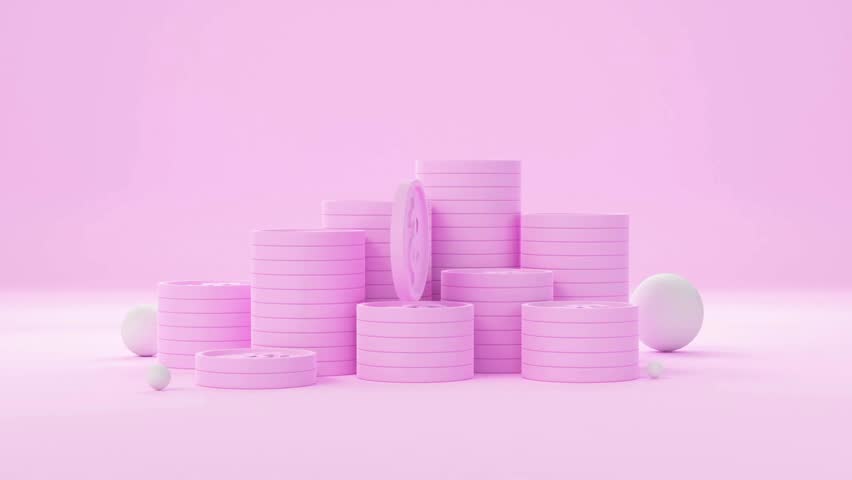 3D animation of a spinning pink dollar coin and coin stacks on a pink background. White eggs suggest a nest egg or Easter savings concept.