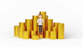 3D animation of a cartoon character gesturing among large stacks of gold coins. Isolated white background. Perfect for concepts of wealth, finance, and success. - Powered by Shutterstock - Get 15% off with code: PIKWIZARD15