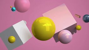 Abstract 3D animation of colorful glossy spheres and cubes floating and rotating on a pink background. Seamless loop. Modern, minimal, and geometric motion graphics. - Powered by Shutterstock - Get 15% off with code: PIKWIZARD15