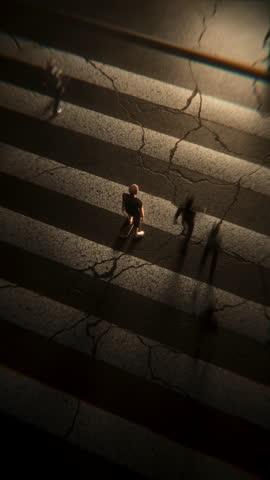 4K seamless 3D loop of a skateboarder standing still in the middle of a crosswalk as a blurred crowd moves past. Cinematic, moody, and symbolic — isolation, individuality, and time standing still.