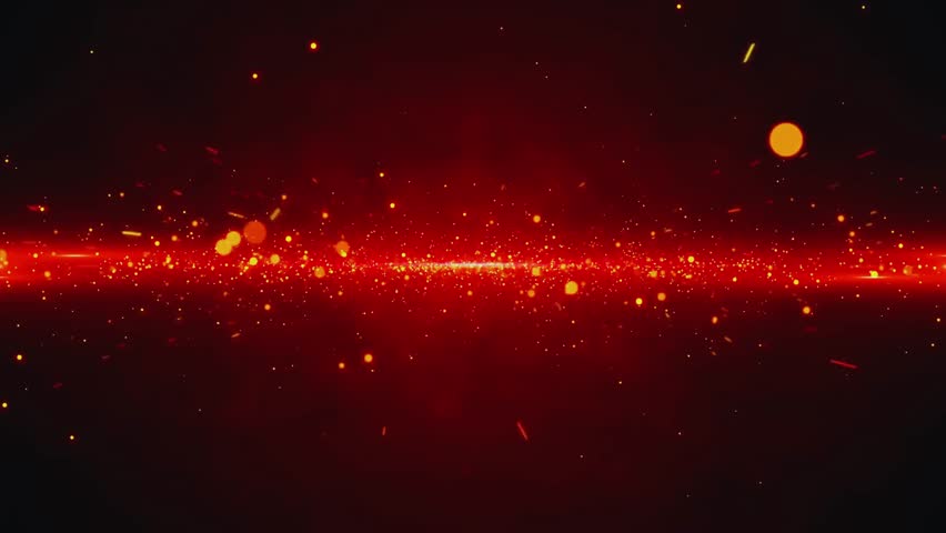 An abstract red background with glowing particles and glittering stars creates a festive,