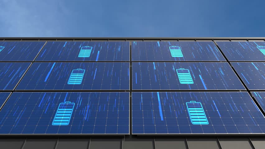 Smart solar power system showing battery information, Green technology display for renewable power storage