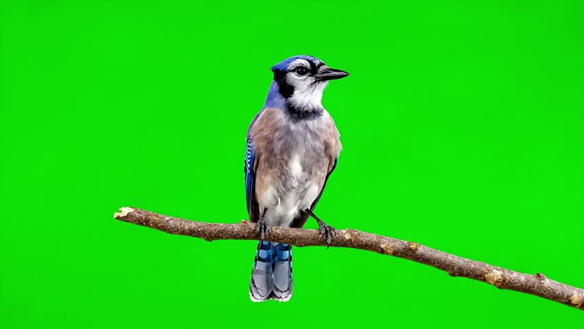 A striking blue jay with detailed feathers sits regally on a thin branch, isolated against a solid green backdrop.