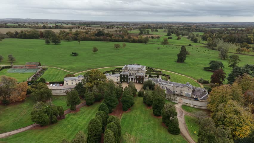Terling place 18th century mansion , Essex autumn Panning drone aerial