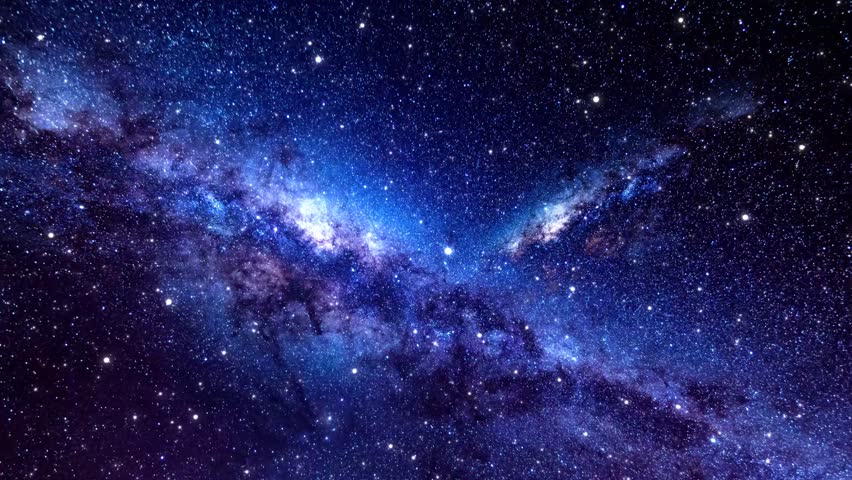 Slow flight through the beautiful and vibrant Milky Way galaxy, showcasing a star filled cosmic background with colorful blue and purple nebulae