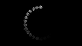 Loading animation of a looped waiting circle. White snowflakes move and rotate in a circle on a black isolated background. Switch to the next stage. Starts displaying on the screen. Buffering. - Powered by Shutterstock - Get 15% off with code: PIKWIZARD15