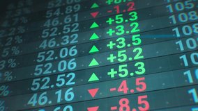 Digital stock market ticker shows fluctuating prices and financial data Green up arrows and red down arrows indicate gains and losses - Powered by Shutterstock - Get 15% off with code: PIKWIZARD15