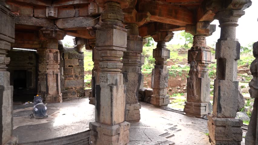 Ruins of ancient temple in India, Mumbai. Pillars of Bara khambi Temple ,16th century old.

