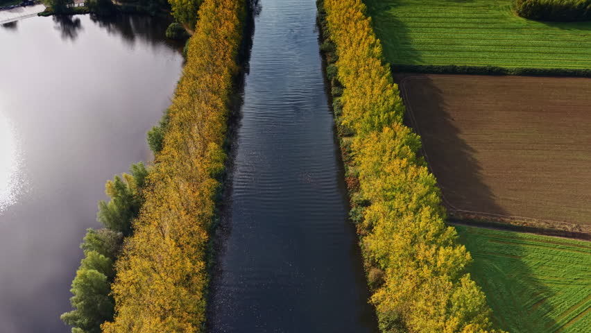 Golden leaves line both sides of a winding river while verdant fields stretch across the landscape under a clear sky showcasing the tranquility of the rural setting in fall