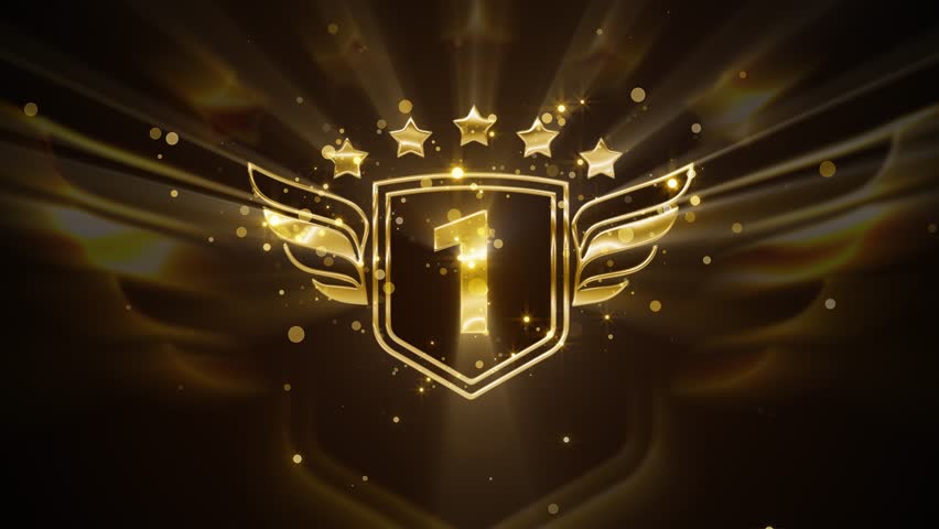Luxurious animated champion badge. Golden glowing shield with central number one, five shining stars above and stylized wings, radiating rays and sparkles celebrate supreme victory and achievement