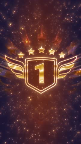 Luxurious animated champion badge. Golden glowing shield with central number one, five shining stars above and stylized wings, radiating rays and sparkles celebrate supreme victory and achievement