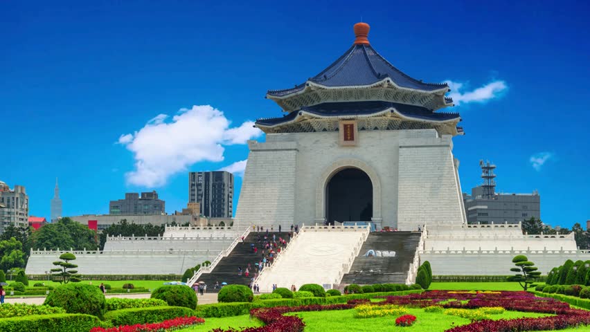 Colorful view of the National Chiang Kai-shek Memorial Hall at Liberty Square in Taipei, Taiwan. The memorial hall is a famous national monument, landmark and popular tourist attraction of Asia.Chiang