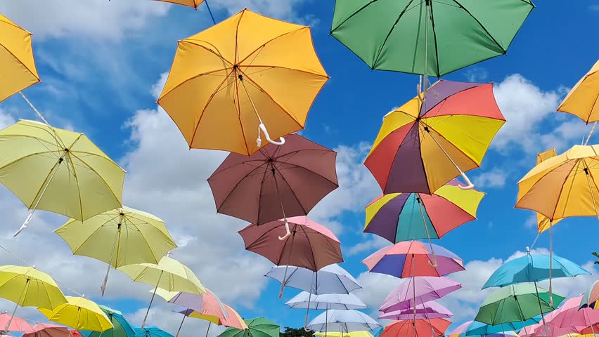 a row of umbrellas hanging above with a clear sky in the background