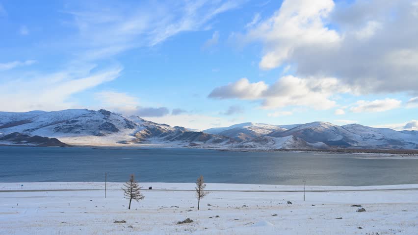Two lone larches stand in a vast, snowy steppe in remote Mongolia, overlooking a large blue lake and rugged, snow-covered mountains. A stark, beautiful scene of early winter