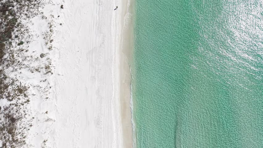 Top-down drone fly over white beach shoreline meeting turquoise Gulf of Mexico water edge.