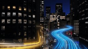 Digital Data Streams Flowing Through Smart City Streets at Night – Visualization of AI Communication, IoT Infrastructure, and Network Innovation. Aerial drone shot with animation. - Powered by Shutterstock - Get 15% off with code: PIKWIZARD15