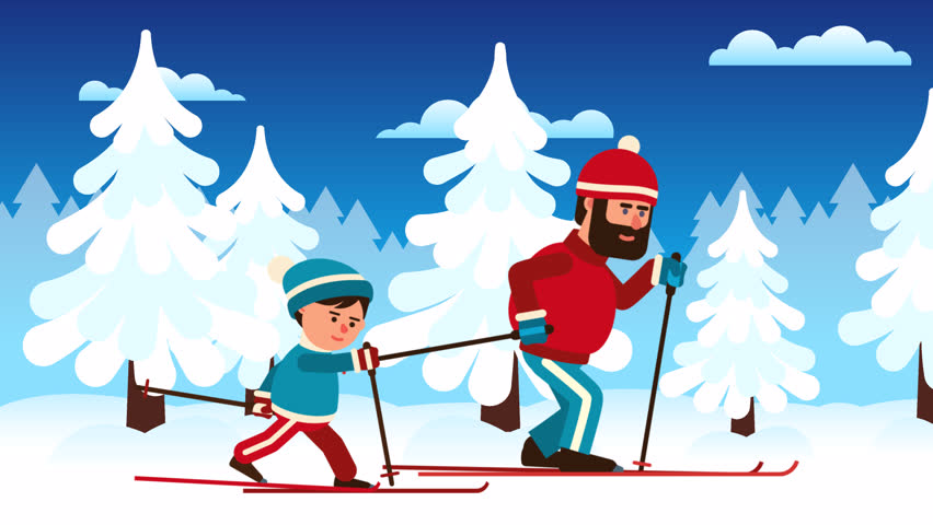 Father and son skiing together through a snowy winter forest in a cute cartoon animation. Parent and child gliding on skis. Family winter activities