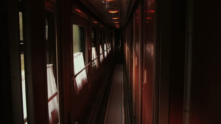 Long, empty corridor of A moving passenger train. Rhythmic light and shadows create A dramatic atmosphere. Interior of A vintage railway carriage in motion.