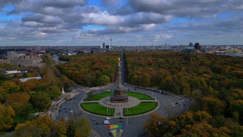 Victory Column Tiergarten cityscape autumn. Magic aerial view flight drone