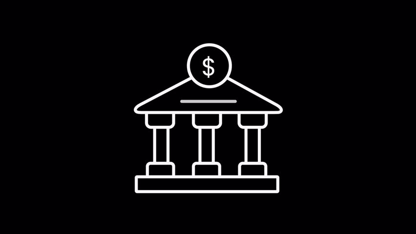 Minimal bank icon animation with a dollar symbol, representing finance, savings, banking system, investment security, and financial institutions in a clean line-art motion design.