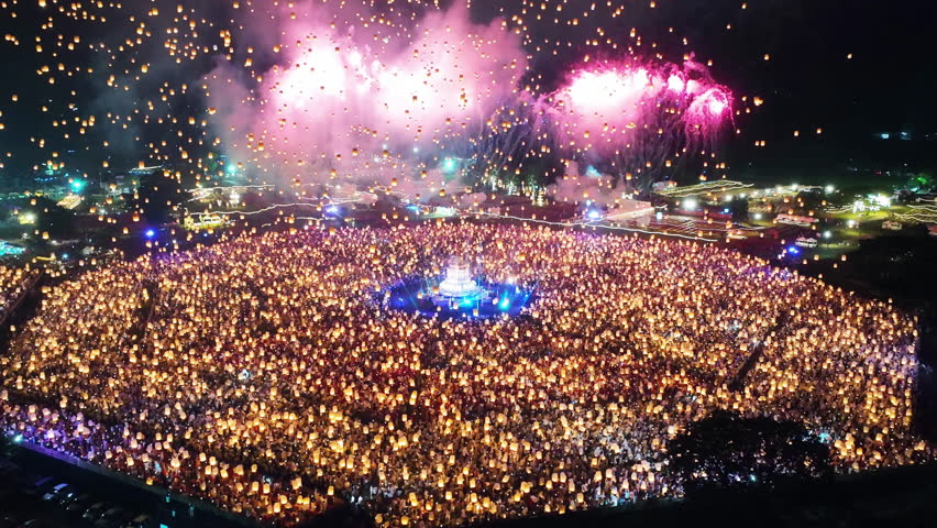 Aerial view of Sky lantern festival in Chiang Mai, Thailand