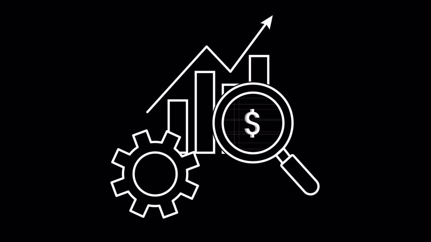 Minimal line-art animation of a magnifying glass with a dollar sign, rising bar chart, trend line, and gear symbolizing financial analysis, business growth, and data insights. - Powered by Shutterstock - Get 15% off with code: PIKWIZARD15