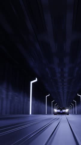 Blue sports car racing at high speed on futuristic highway.