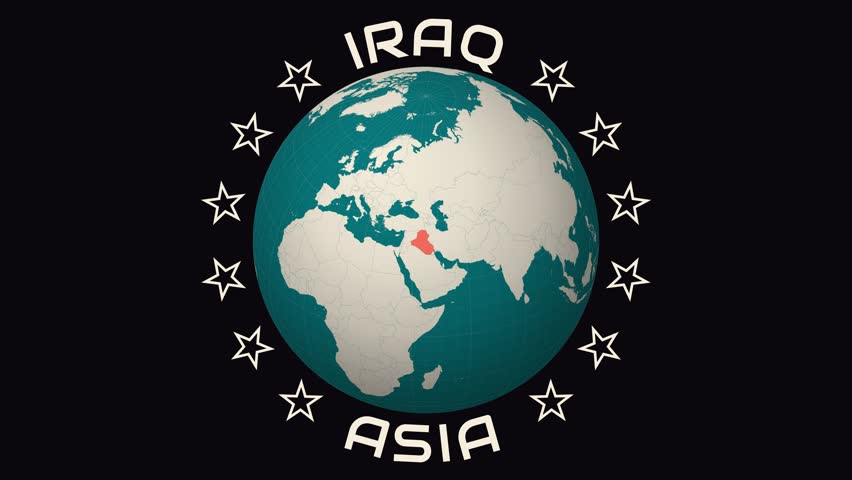 An animated zoom into Iraq on a teal and pale mint globe, featuring country meridians, parallels, and a modern design.