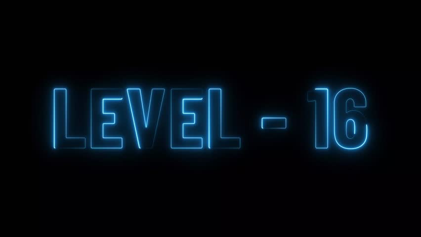 Level 16 neon text icon animation background. Level up concept 4k video.