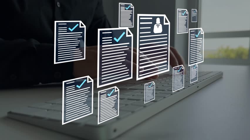 Digital documents with check marks verified staff records and online HR management.Employee approval process management