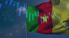 Wind gusts making Cameroon flag wave and fold while candlestick bars moving, visualizing markets. Banner, tricolor, pole, sky, clouds, cyan, overlay - Powered by Shutterstock - Get 15% off with code: PIKWIZARD15