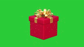 Red gift box with gold ribbon bow emitting shiny gold glittering particles on green screen chroma key background 3d 4k motion graphics animation video loop. Seamless looped animated icon. Present, sal - Powered by Shutterstock - Get 15% off with code: PIKWIZARD15
