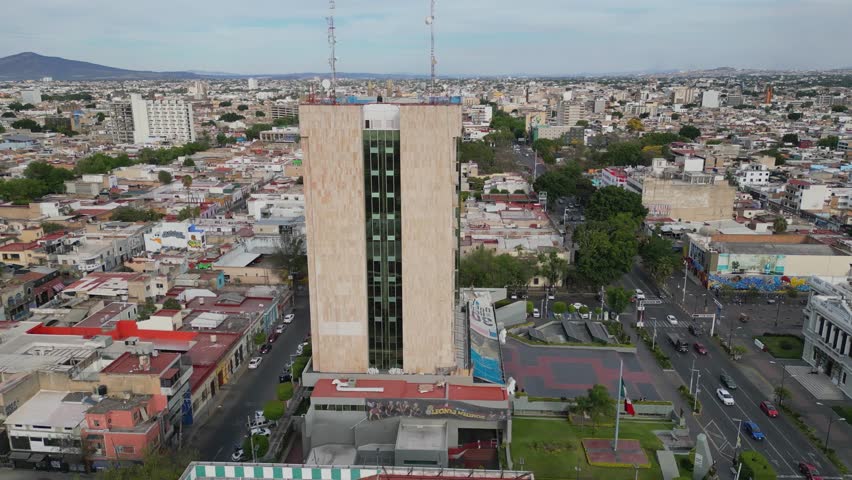 Aerial side movement in Guadalajara showing UDG tower, MUSA museum, and Templo Expiatorio in sequence